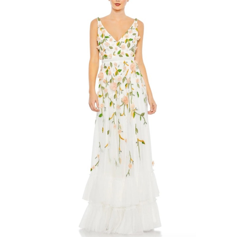 NWT Mac Duggal 9171 Embellished Sleeveless V-Neck A-Line White Multi Gown Size 0